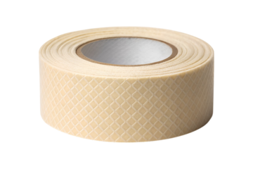 Roll of textured beige tape with a cardboard core on transparent background