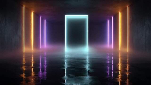 stage show neo light geometric shape glowing in dark with dry ice smoke and cloud around immersive  futuristic technology theme 