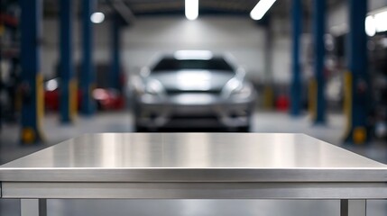 A metallic tabletop with a blurred car shop in the background.