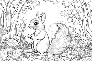 Cute Squirrel in Forest – Fun Coloring Page for Kids' Creativity