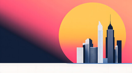Pop art style illustration of a city skyline, bold colors, stylized shapes, inspired by 1980s design trends