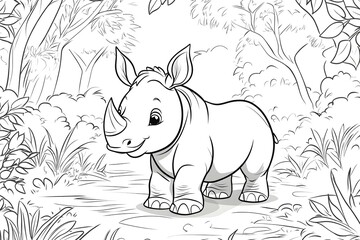 Fototapeta premium Drawing for Coloring Page Book of Rhino in Lush Forest Habitat