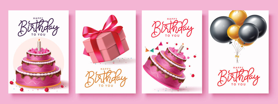 Birthday greeting card vector poster set design. Happy birthday greeting text with elements like chocolate cake, gift box, gold and black balloons for invitation card template collection.