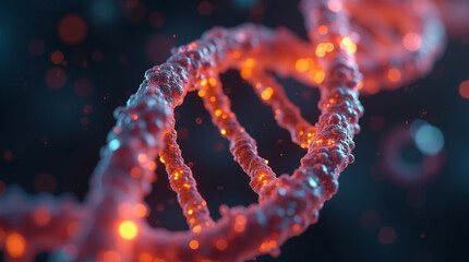  Radiant Genetic Helix Close-Up Featuring a Vibrantly Glowing DNA Strand in a High-Tech Laboratory Environment, Surrounded by Floating Particles and Captured with Dramatic Depth of Field