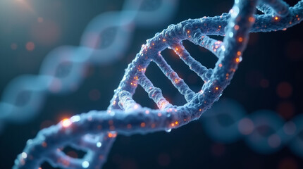  Radiant Genetic Helix Close-Up Featuring a Vibrantly Glowing DNA Strand in a High-Tech Laboratory Environment, Surrounded by Floating Particles and Captured with Dramatic Depth of Field