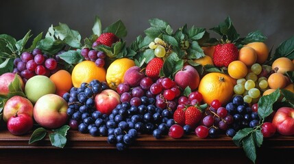 Abundant summer harvest fruit display, showcasing fresh, vibrant, seasonal produce