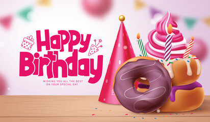Birthday greeting donut vector design. Happy birthday text with chocolate donut, party hat, cup cake and candle decoration elements. Vector illustration kids party invitation card clip art. 
