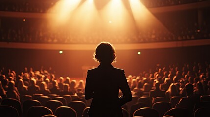 A silhouette of a speaker stands on stage in a theater, illuminated by warm spotlighting, with an engaged audience in the foreground, creating an atmosphere of anticipation and excitement
