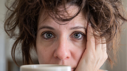 Exhausted young woman rubbing tired eyes with visible dark circles and messy hair, feeling sleepy and fatigued at home or office. Stress, insomnia and burnout concept.