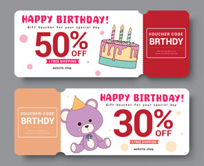 Birthday gift voucher clipart card set design. Happy birthday special offer coupon certificate discount with code and bday elements clip art. Vector illustration birthday gift tags banner design.
