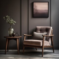 Modern living room corner with plush armchair and wooden side table, elegant home decor with a cozy ambiance.
