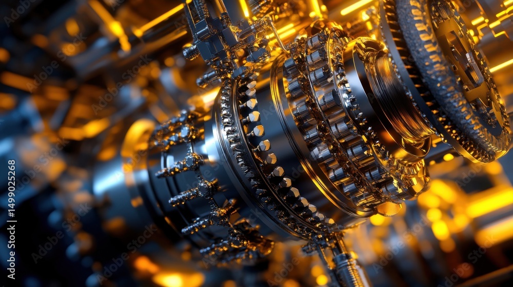 Poster precision engineering: a close-up view captures the intricate machinery and gears, highlighting the 