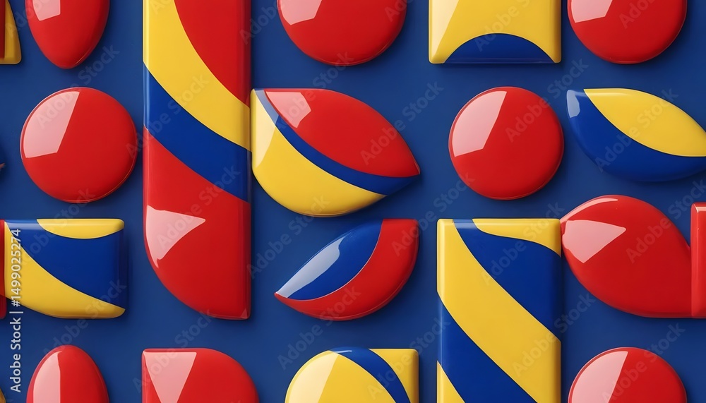 Poster geometric shapes in red yellow and blue arranged on a blue background creating a pattern design