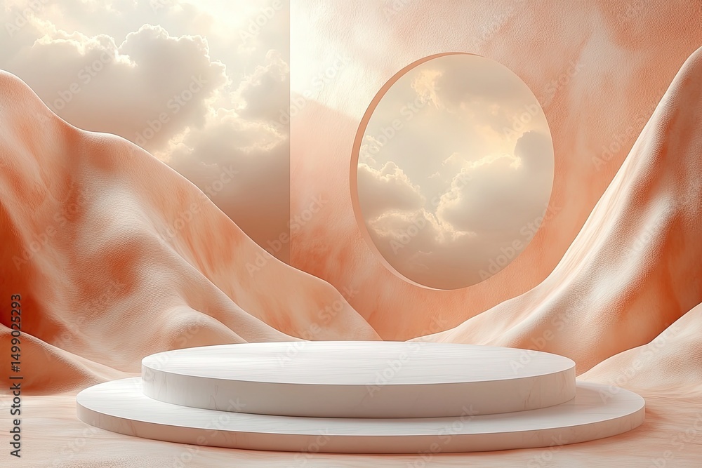 Poster peach product display stand and circle window against a scenic cloudscape. it is a backdrop for show