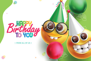 Emojis birthday clipart design. Happy birthday greeting card with emoji character wearing colorful party hat in empty space doodle abstract background. Vector illustration.