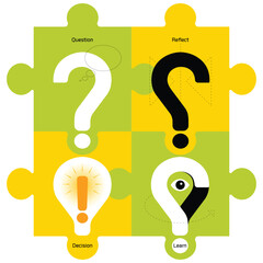 Colorful puzzle illustration symbolizing the steps of critical thinking, problem solving, and idea generation. Ideal for education, creativity, and innovation themes.