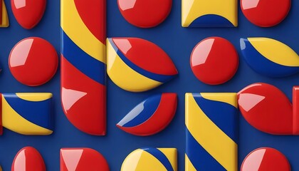 Geometric shapes in red yellow and blue arranged on a blue background creating a pattern design