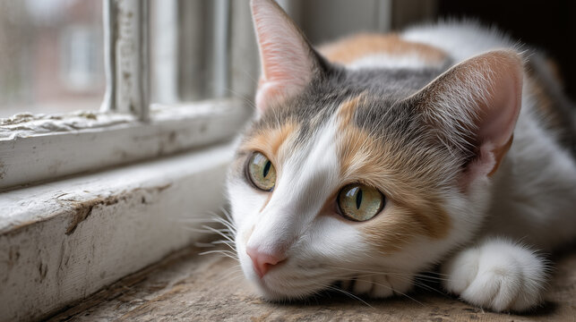 Beautiful Calico Cat Staring Out the Window in Peaceful Moment for National Adopt a Cat Month Awareness Campaign