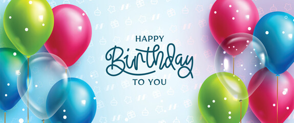 Birthday celebration vector design. Happy birthday to you text in colorful pattern background with balloon bunch party elements for birth day greeting. Vector illustration.