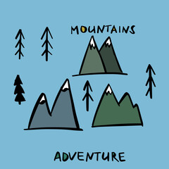 Mountains trees adventure doodle art 