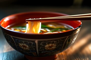Fototapeta premium Close-Up of a Bowl of Pho with Chopsticks – Authentic Vietnamese Noodle Soup Delight