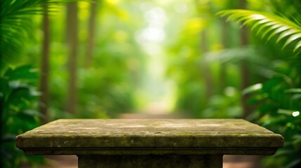 Fototapeta premium A weathered stone tabletop set against a blurred tropical garden background.