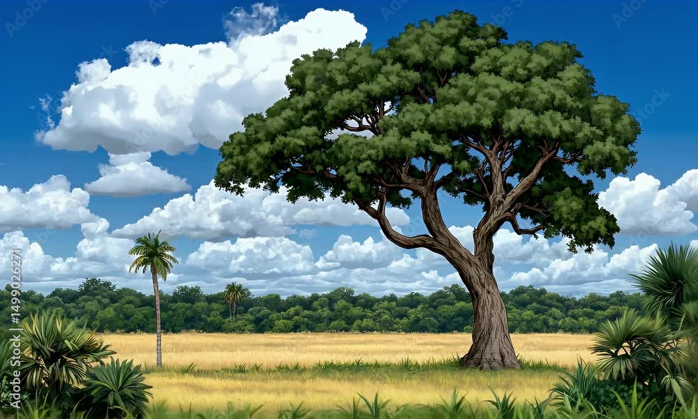 Poster tree in open field under cloudy sky