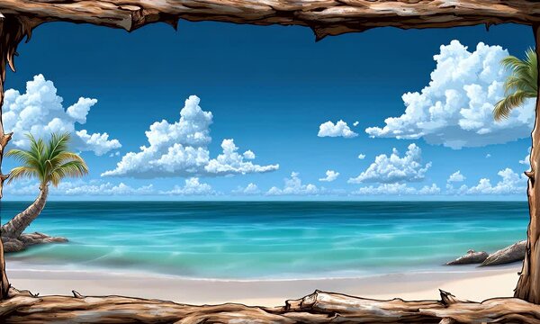 Tropical beach scene with calm ocean and clouds