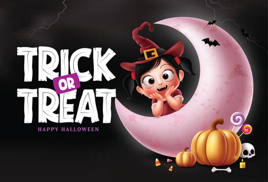 Trick or treat halloween vector design. Happy halloween greeting text with cute girl in witch costume and crescent moon elements in night scary background. Vector illustration party card design. 
