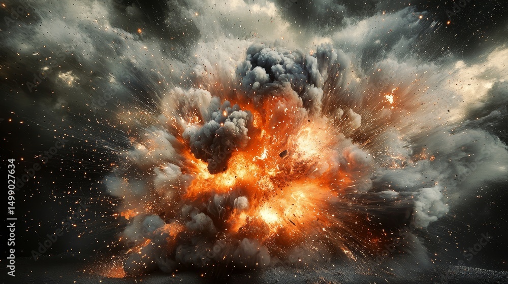 Poster intense, fiery explosion with billowing smoke, creating a scene of destruction and chaos