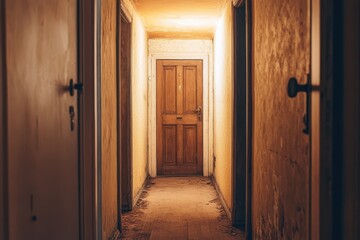 Interior Doors. Corridor in Small Apartment with Closed Doors and Soft Lighting