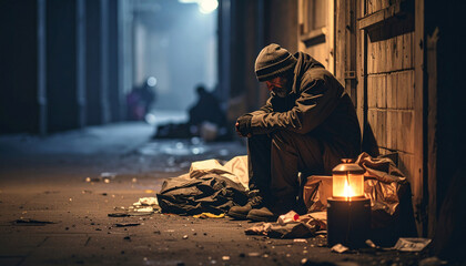 Concept on social issues. A person on the street in old clothes.
