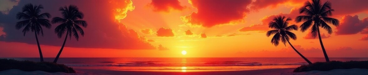 Silhouette of palm trees against fiery sunset, tranquil beach scene , relaxing, warm