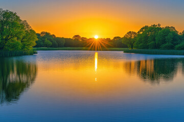Obraz premium Sunset and sunrise over a calm lake with trees and colorful sky reflections