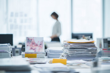 Morning in a clean, open office with desks spread out A worker is sorting through papers on their desk, organizing them into piles and filing