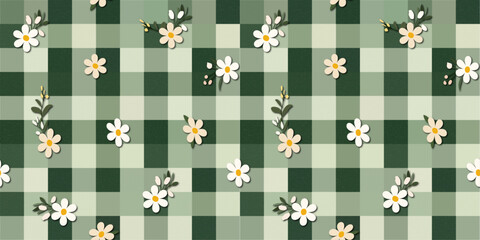 Cute Grid Green Palette Color Aesthetic Spring with Flower Wallpaper. Green Color Checker Seamless Pattern. Vector Illustration.