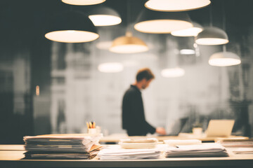 Morning in a modern office with bright lights and open workspaces A worker is sorting through papers on a large desk with folders and a laptop