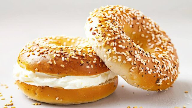 Cream cheese spread on a bagel on white background