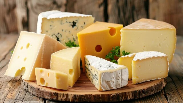 Assorted cheese on a wooden board