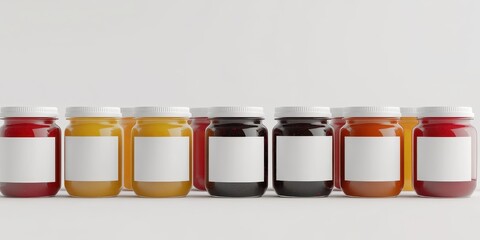 Jam Jars. Variety of Preserves and Jams with Blank Labels on White Table Surface