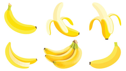 Minimalist Banana Vector Icons Featuring Different Peel Positions and Fruit Bunches for Grocery Apps, Food Illustrations, and Healthy Living Campaigns