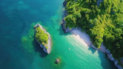 Aerial View of Lush Green Island and Turquoise Water Beach