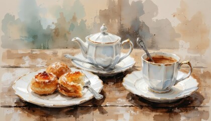 soft pastel watercolor image of tea set and pastries styled on rustic wood for cafe promotions and gentle morning content