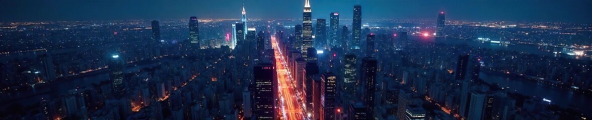 Fototapeta premium A bustling cityscape at night, skyscrapers illuminated, symbolizing concentrated innovative activity and technological advancement , connection, industry, idea