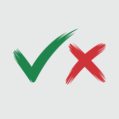 Vector Check Mark and Cross Icons in Green and Red Brush Stroke Style for Voting, Decision-Making Apps, Online Forms and Business Task Interfaces