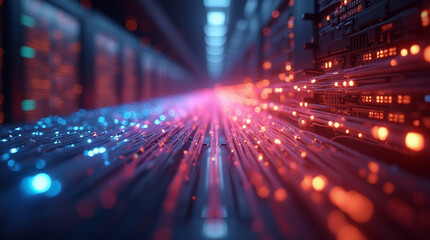 
Lightstream Close-Up of Fiber Optic Cables Transmitting Vibrant Colorful Pulses of Data in a High-Tech Data Center, Captured with Dynamic Depth of Field and Illuminated by Ambient Glow