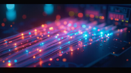 
Lightstream Close-Up of Fiber Optic Cables Transmitting Vibrant Colorful Pulses of Data in a High-Tech Data Center, Captured with Dynamic Depth of Field and Illuminated by Ambient Glow