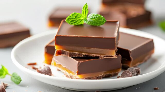 Chocolate caramel squares on a white plate