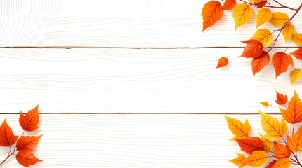 Autumn leaves spread across top right on white wood background	