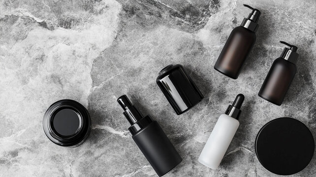 Sleek black and white cosmetic bottles on gray marble. Perfect for modern skincare, beauty, and men's grooming promotions.